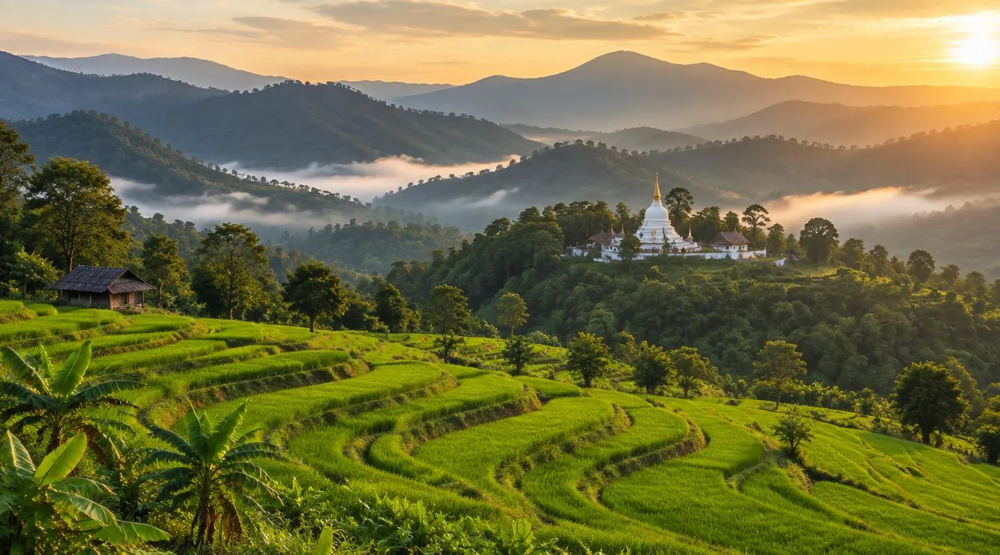 ทิวเขา นาข้าว และวัดในจังหวัดแม่ฮ่องสอน